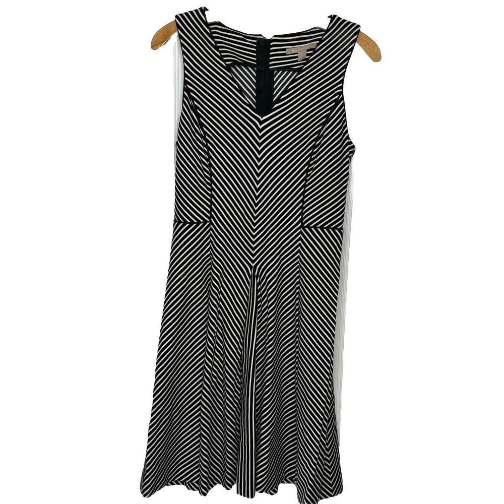 Banana Republic Dress 8 Black White Stripes Zip Back Sleeveless Career Classic